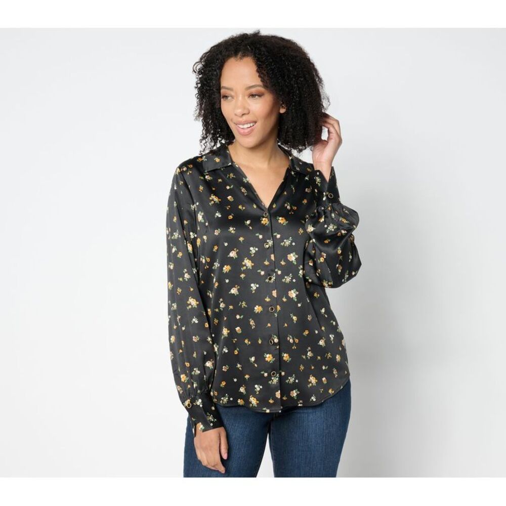 Summersalt Women's Top Plus Sz 2X Estate Printed Sateen Button Black A658686